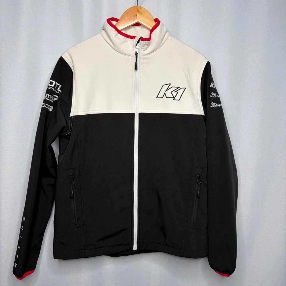K1 Speed Racing Men Medium Softshell Jacket Black White Embroidered Sponsor Logo